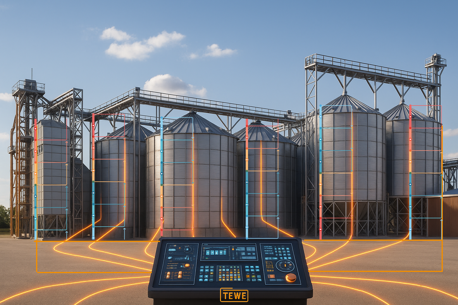 Digitale Fütterung mit TEWE: Landwirt mit Tablet im Stall, überlagert mit Symbolen für intelligente Steuerung in der Nutztierhaltung